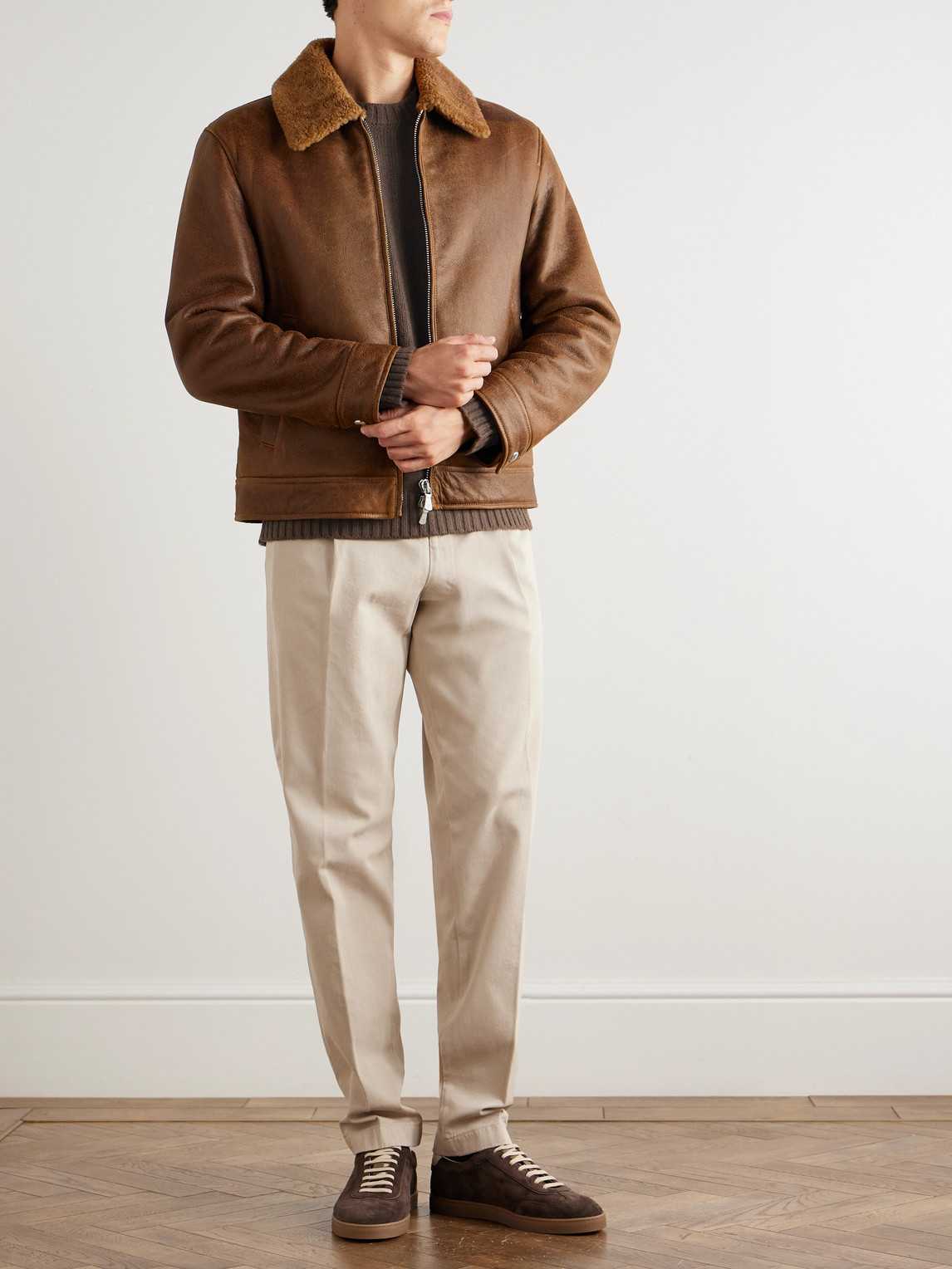 Eleventy Slim-fit Shearling Jacket In Brown