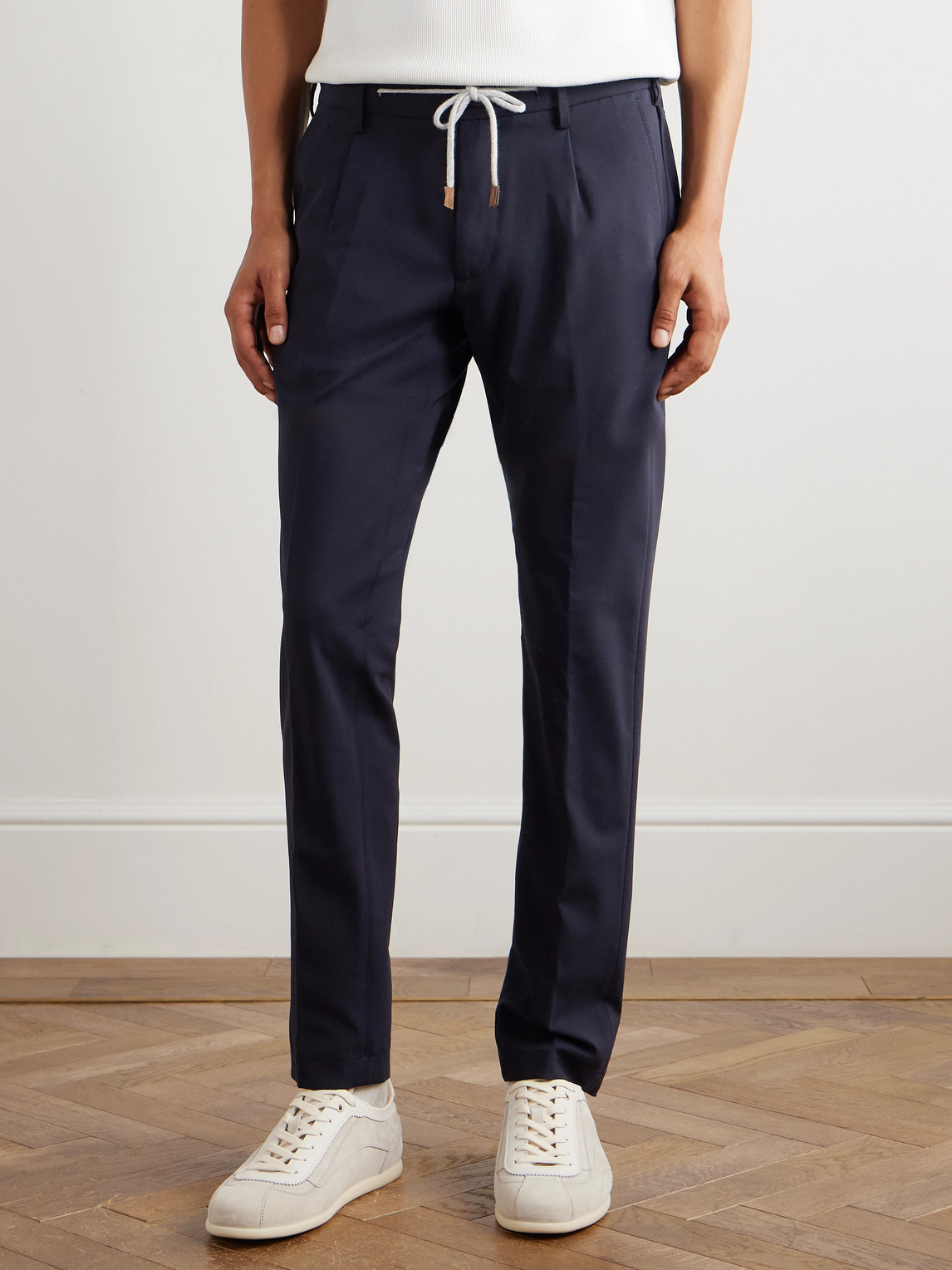 Eleventy Slim-fit Straight-leg Pleated Stretch-wool Drawstring Trousers In Blue