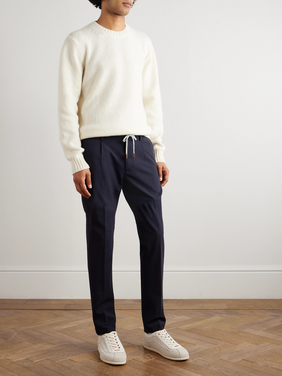 Eleventy Slim-fit Straight-leg Pleated Stretch-wool Drawstring Trousers In Blue