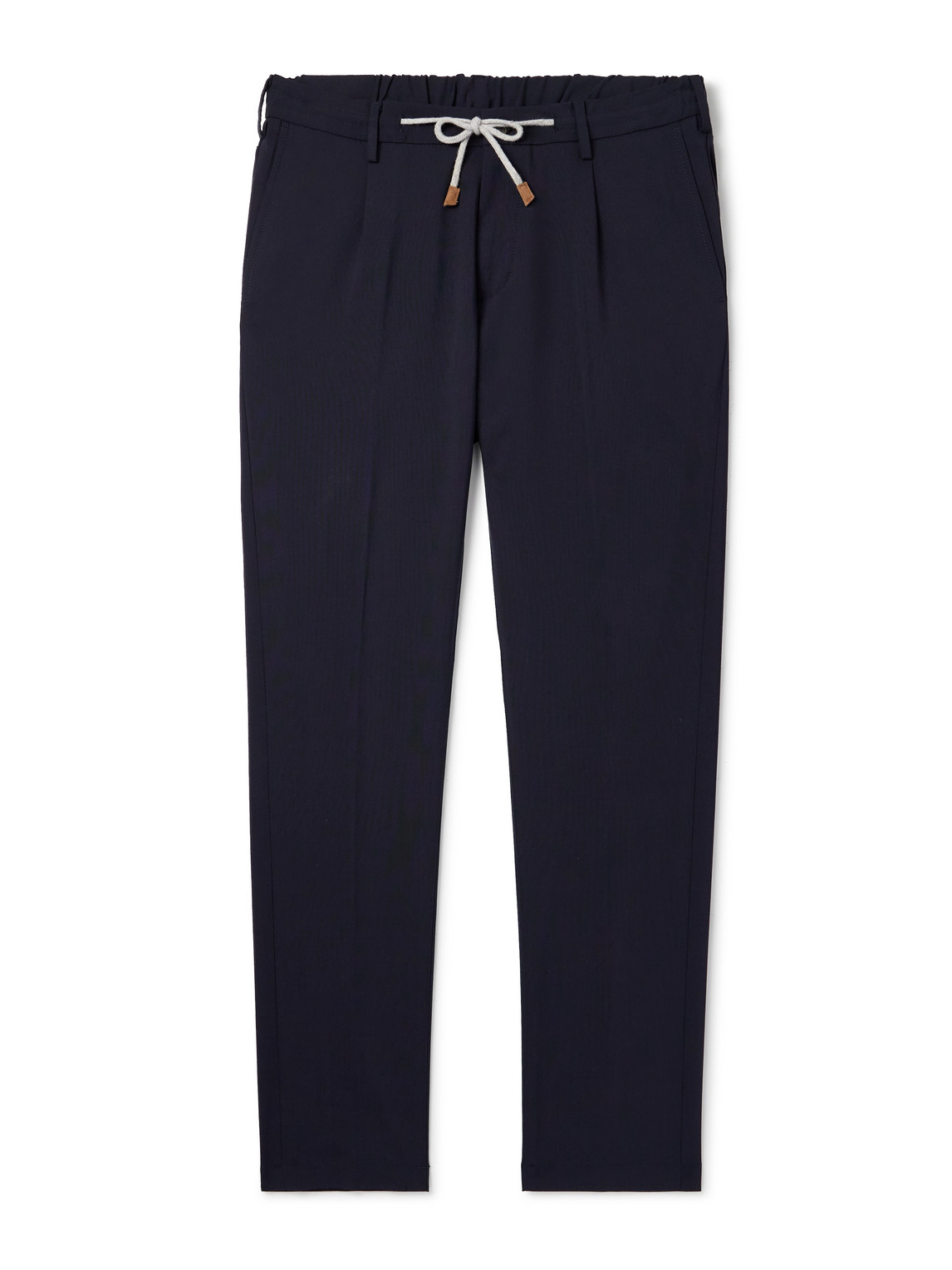 Eleventy Slim-fit Straight-leg Pleated Stretch-wool Drawstring Trousers In Blue