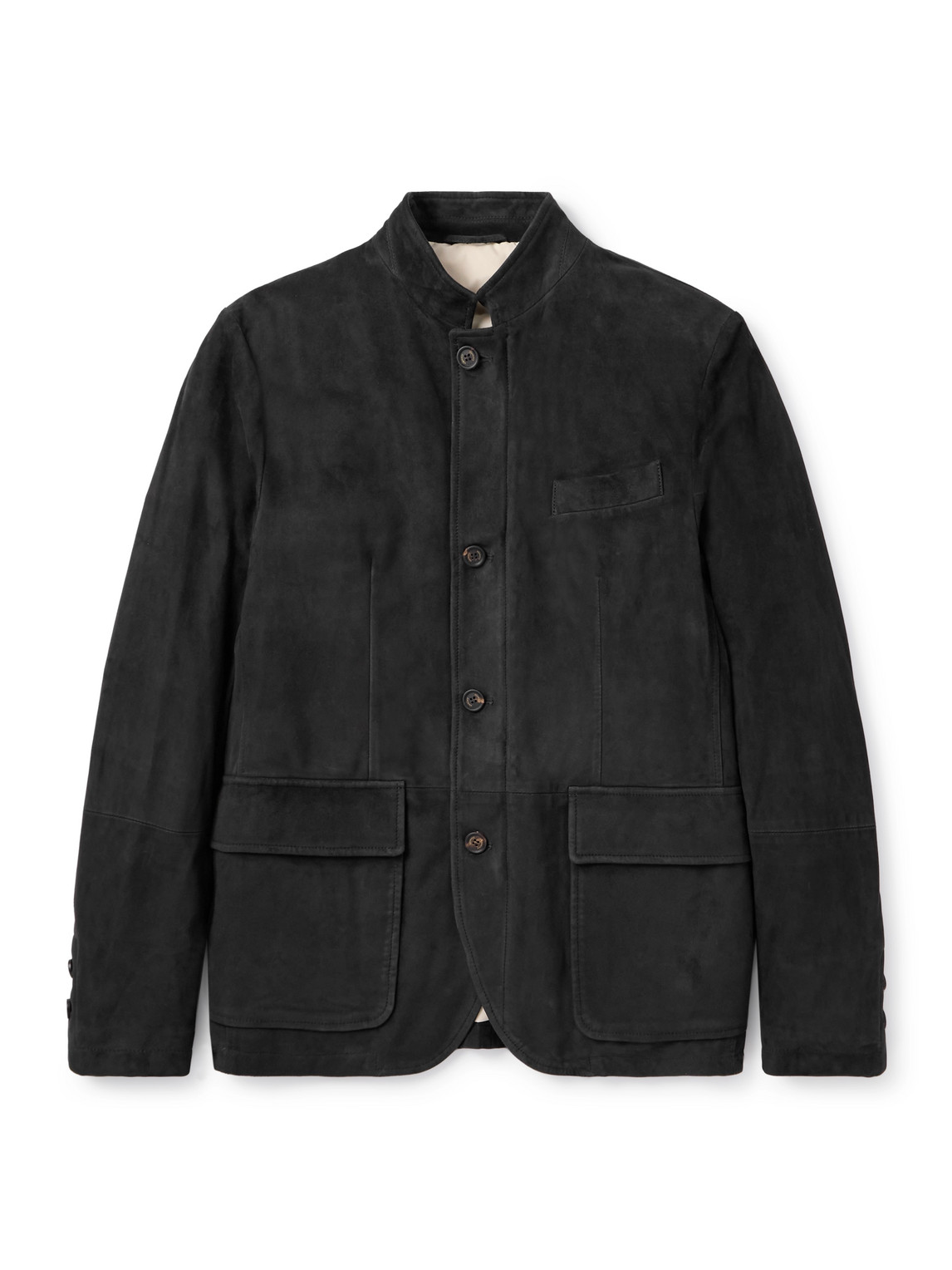 Eleventy Slim-fit Nehru-collar Padded Suede Down Jacket In Black