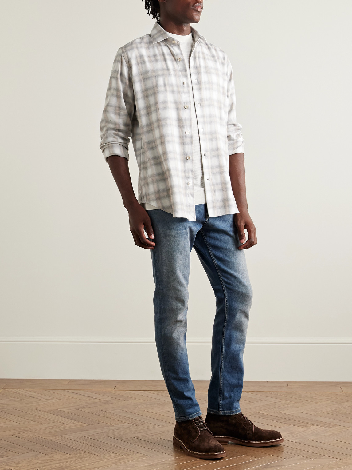 Eleventy Checked Cotton And Lyocell-blend Flannel Shirt In Neutral
