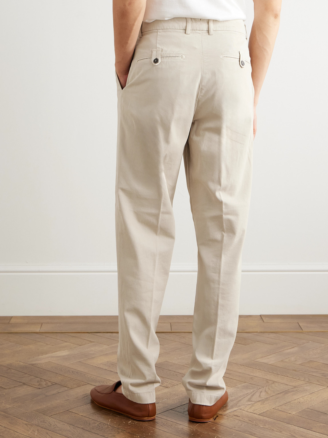 Eleventy Straight-leg Pleated Stretch Cotton And Lyocell-blend Trousers In Neutral