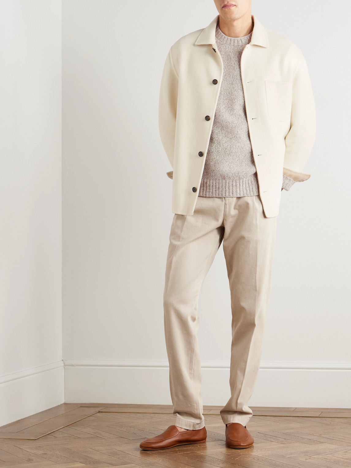 Eleventy Straight-leg Pleated Stretch Cotton And Lyocell-blend Trousers In Neutral