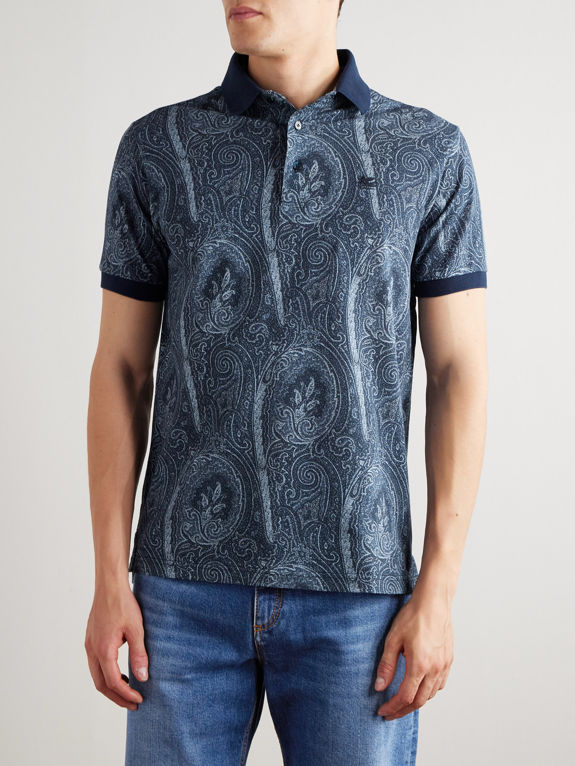 Etro Printed Cotton Polo In Gray