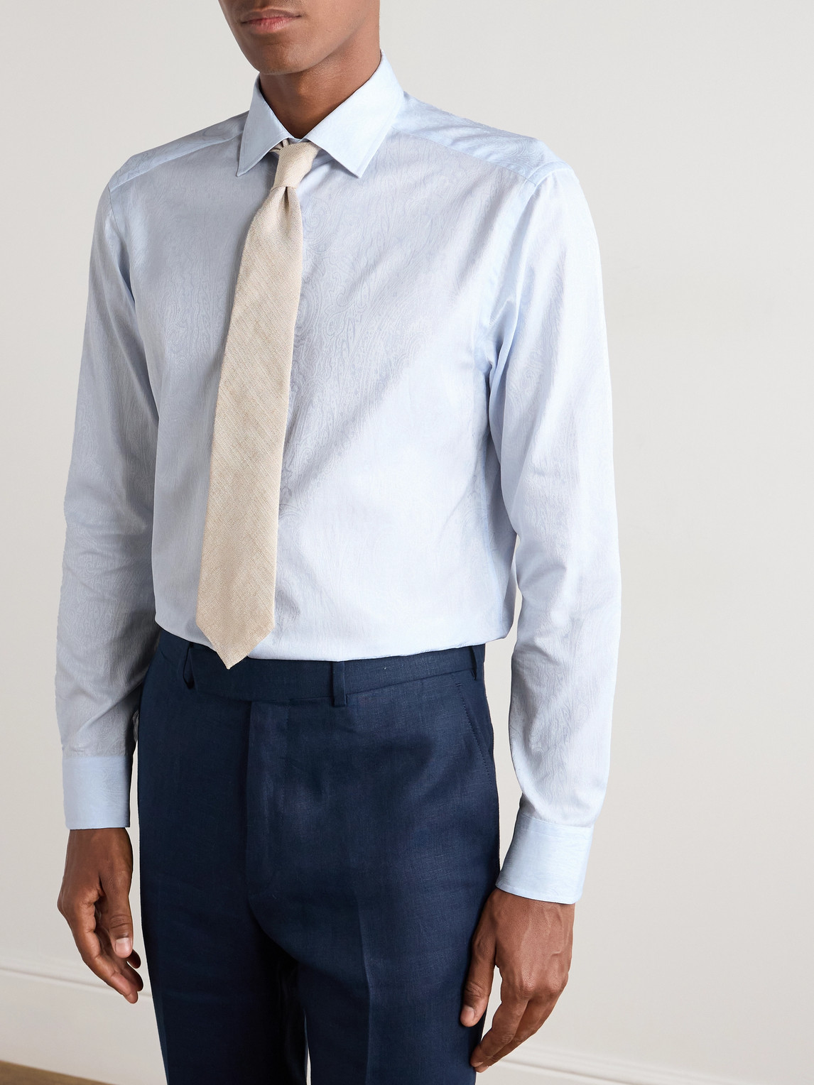 Etro Roma Cutaway-collar Paisley-jacquard Cotton Shirt In Blue