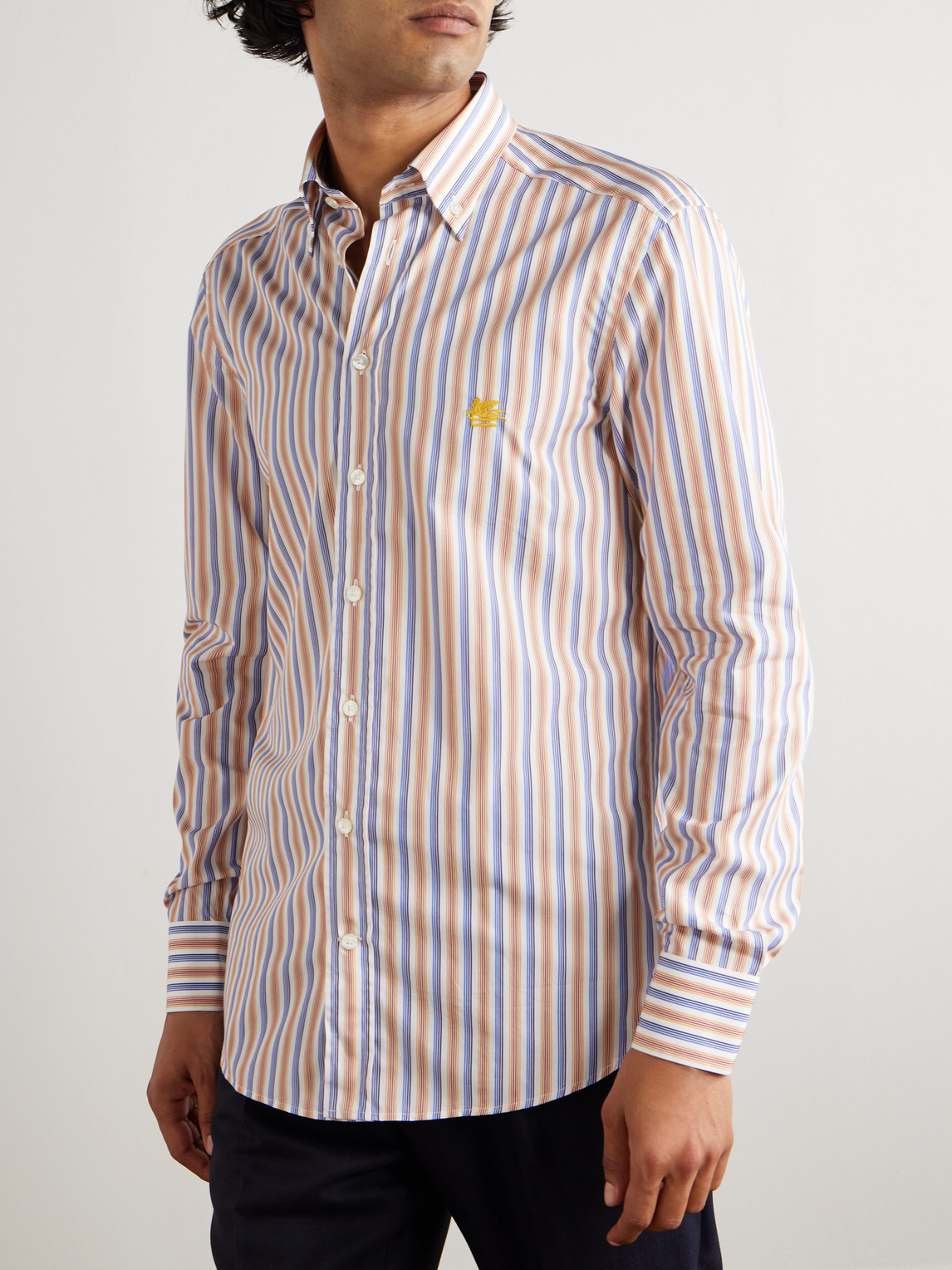 Etro Roma Slim-fit Button Down-collar Striped Linen-poplin Shirt In Gray