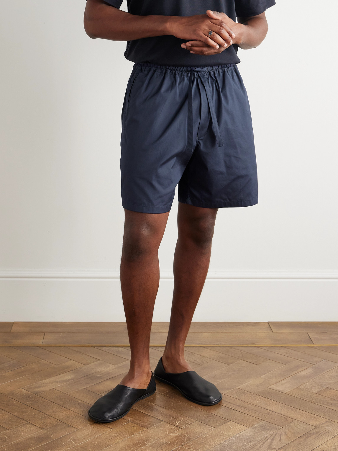 Umit Benan Julian Straight-leg Cotton And Silk-blend Drawstring Shorts In Blue