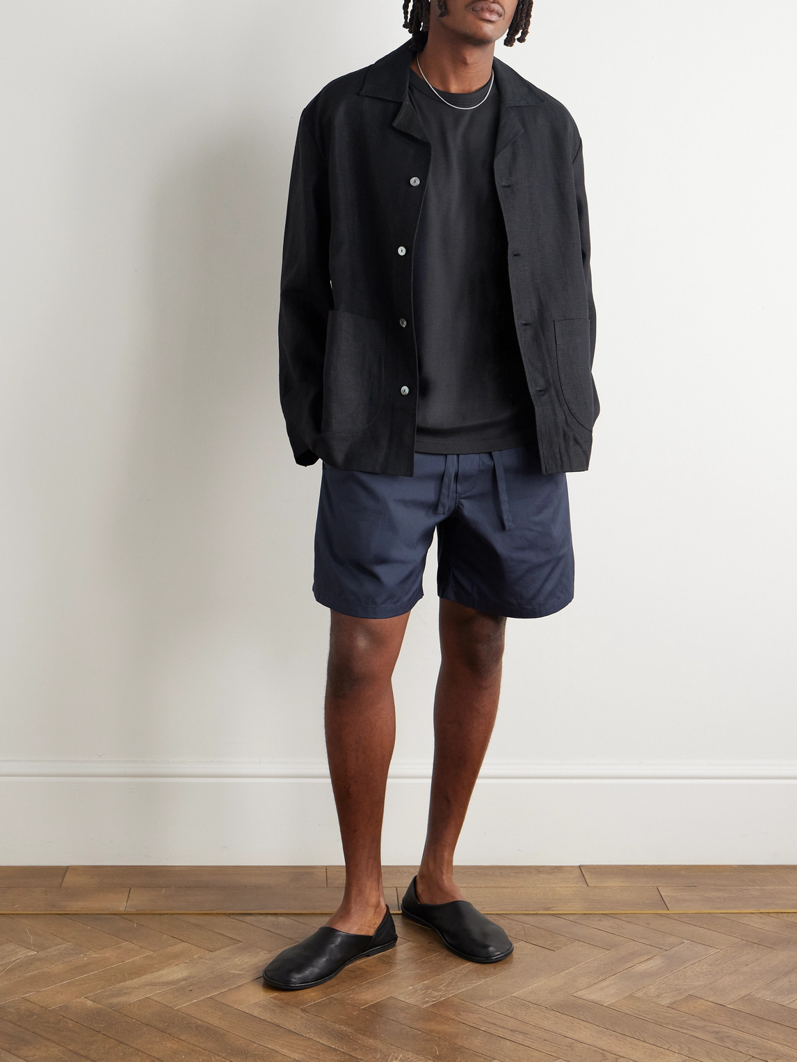 Umit Benan Julian Straight-leg Cotton And Silk-blend Drawstring Shorts In Blue