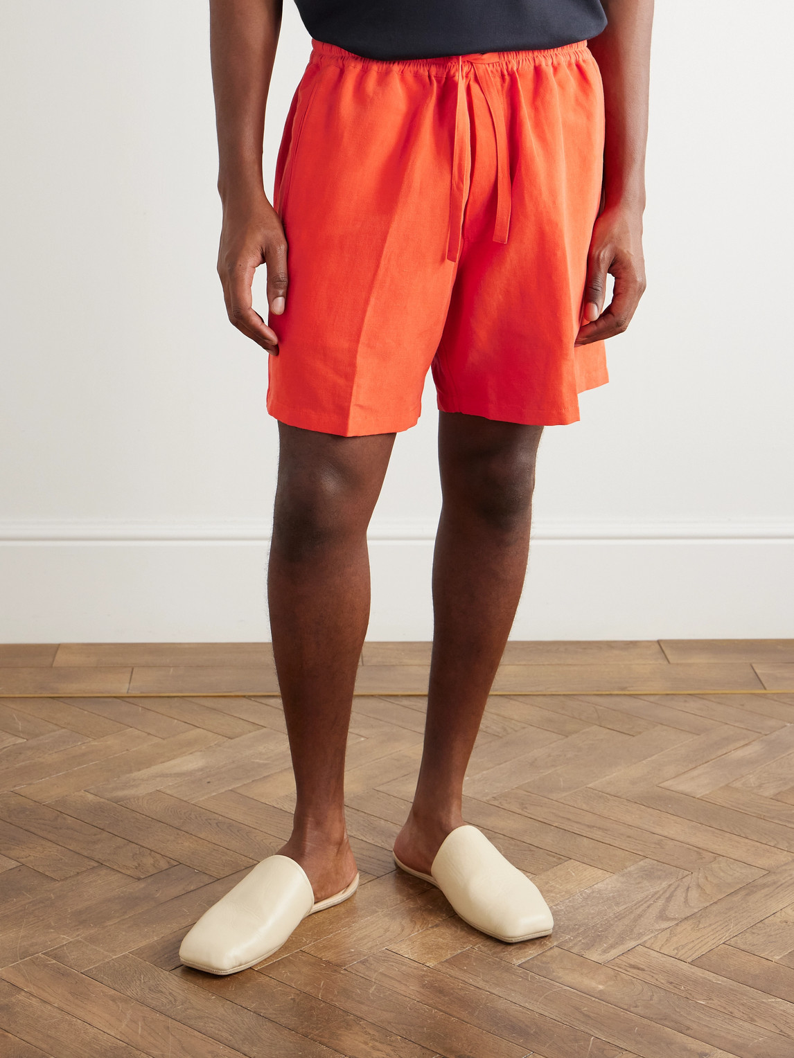 Umit Benan Julian Straight-leg Linen And Silk-blend Drawstring Shorts In Orange