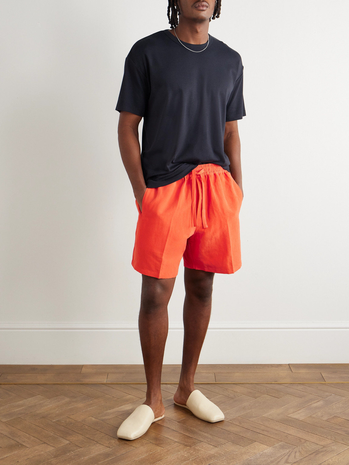Umit Benan Julian Straight-leg Linen And Silk-blend Drawstring Shorts In Orange