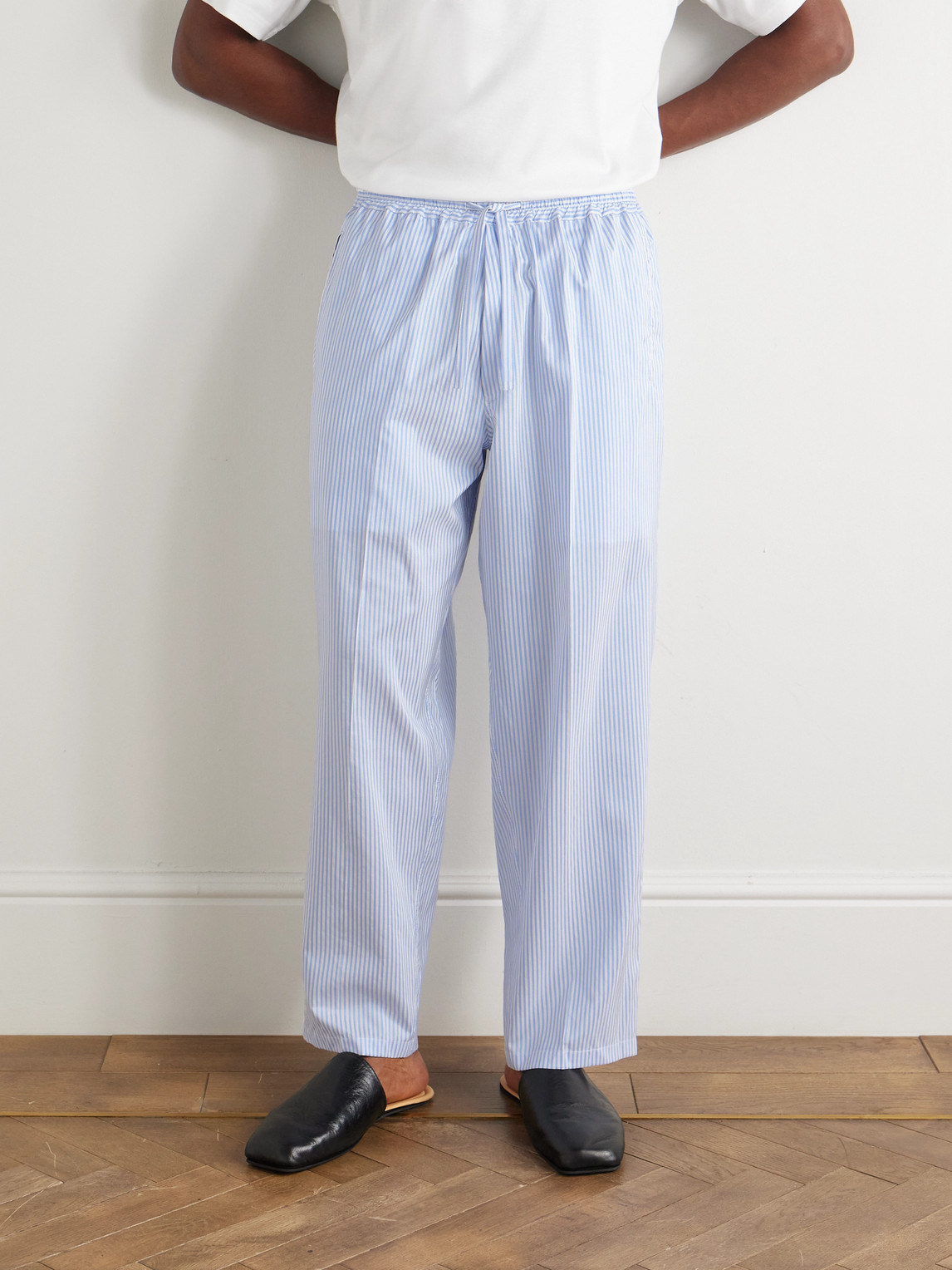 Umit Benan Julian Straight-leg Silk And Cotton-blend Drawstring Trousers In Blue