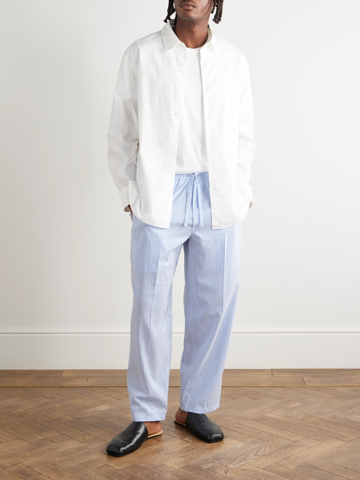 Umit Benan Julian Straight-leg Silk And Cotton-blend Drawstring Trousers In Blue