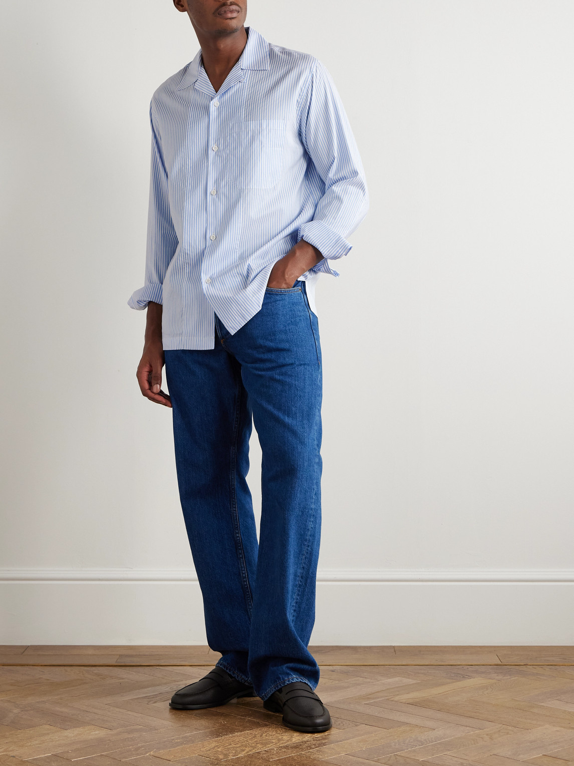 Umit Benan Havana Convertible-collar Striped Cotton And Silk-blend Shirt In Blue