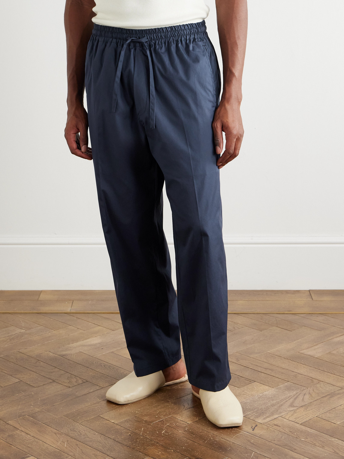 Umit Benan Julian Straight-leg Cotton And Silk-blend Poplin Drawstring Trousers In Blue
