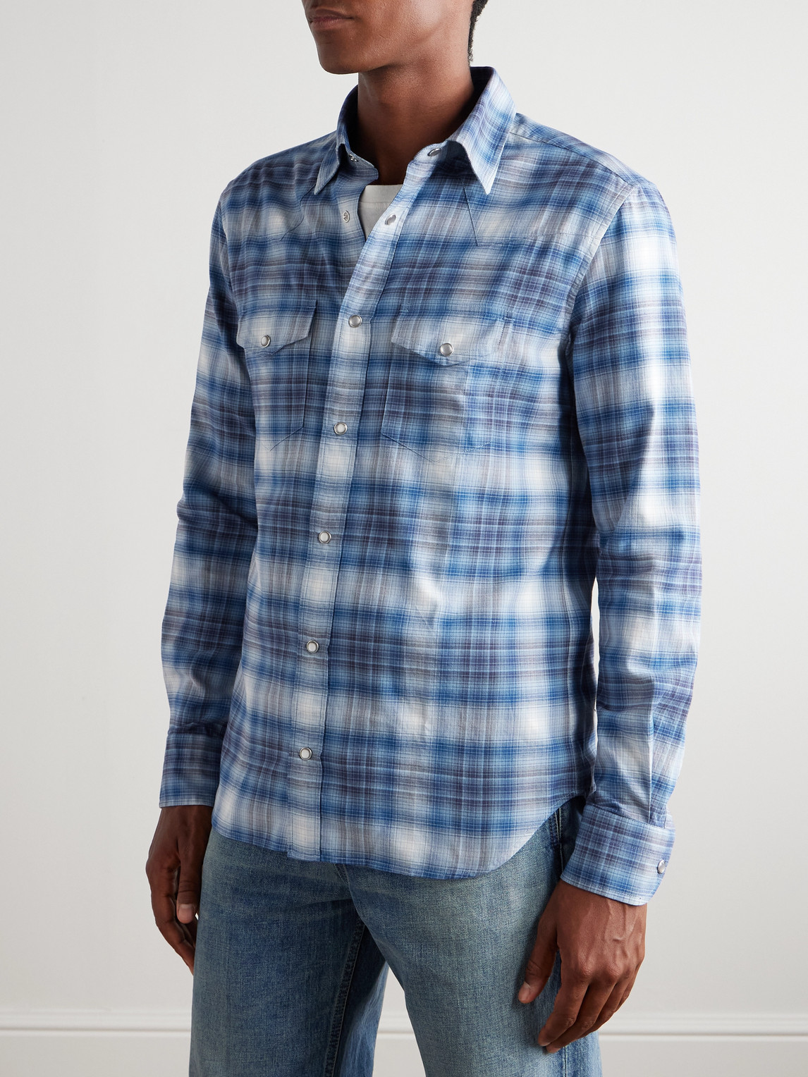 Tom Ford Slim-fit Checked Cotton-poplin Shirt In Blue