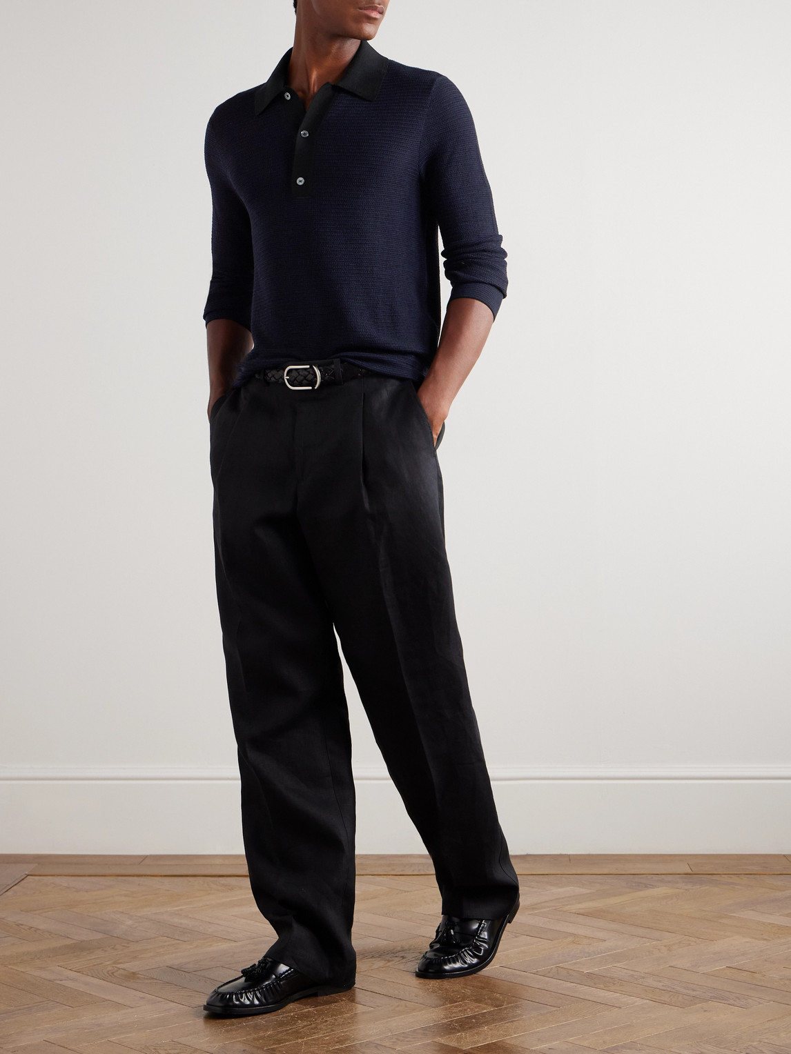 Tom Ford Slim-fit Waffle-knit Wool Polo Shirt In Blue