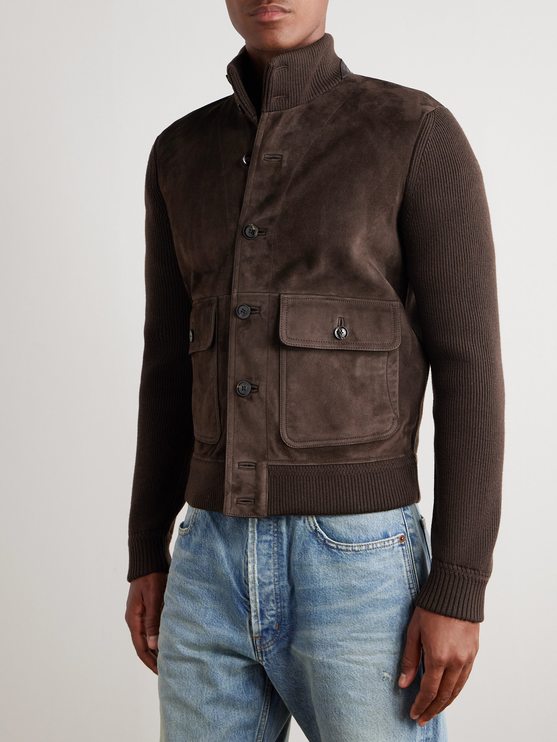Tom Ford Ribbed Merino Wool And Suede Jacket In Brown