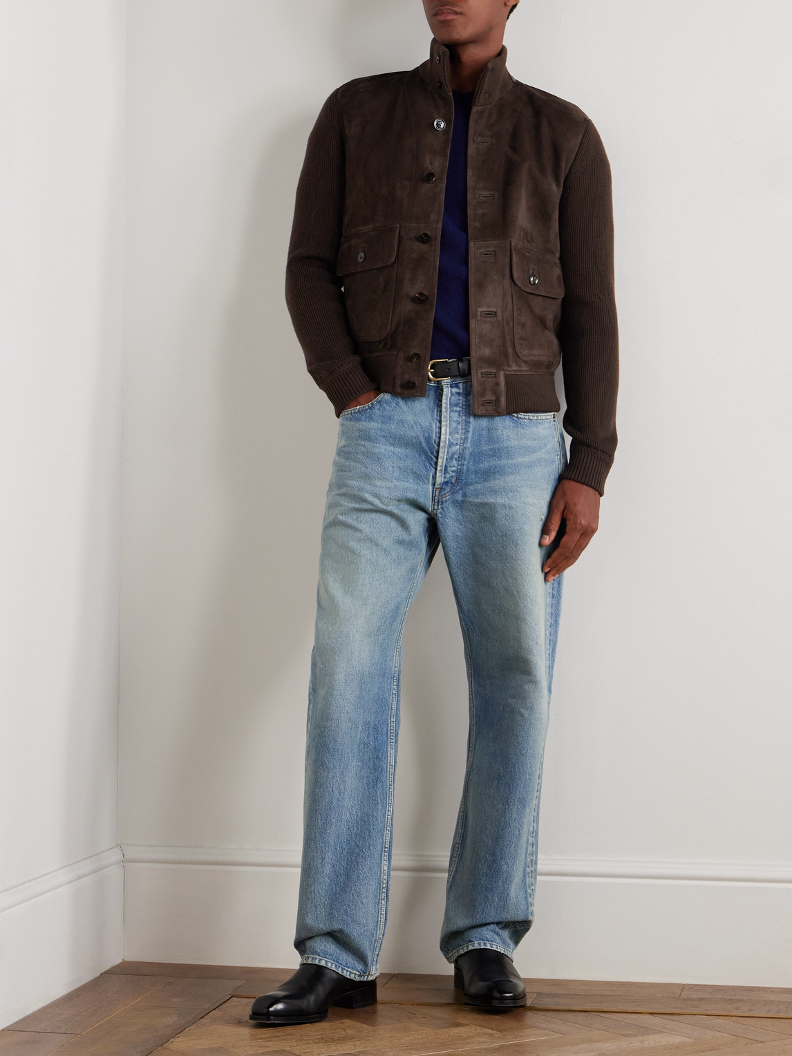 Tom Ford Ribbed Merino Wool And Suede Jacket In Brown