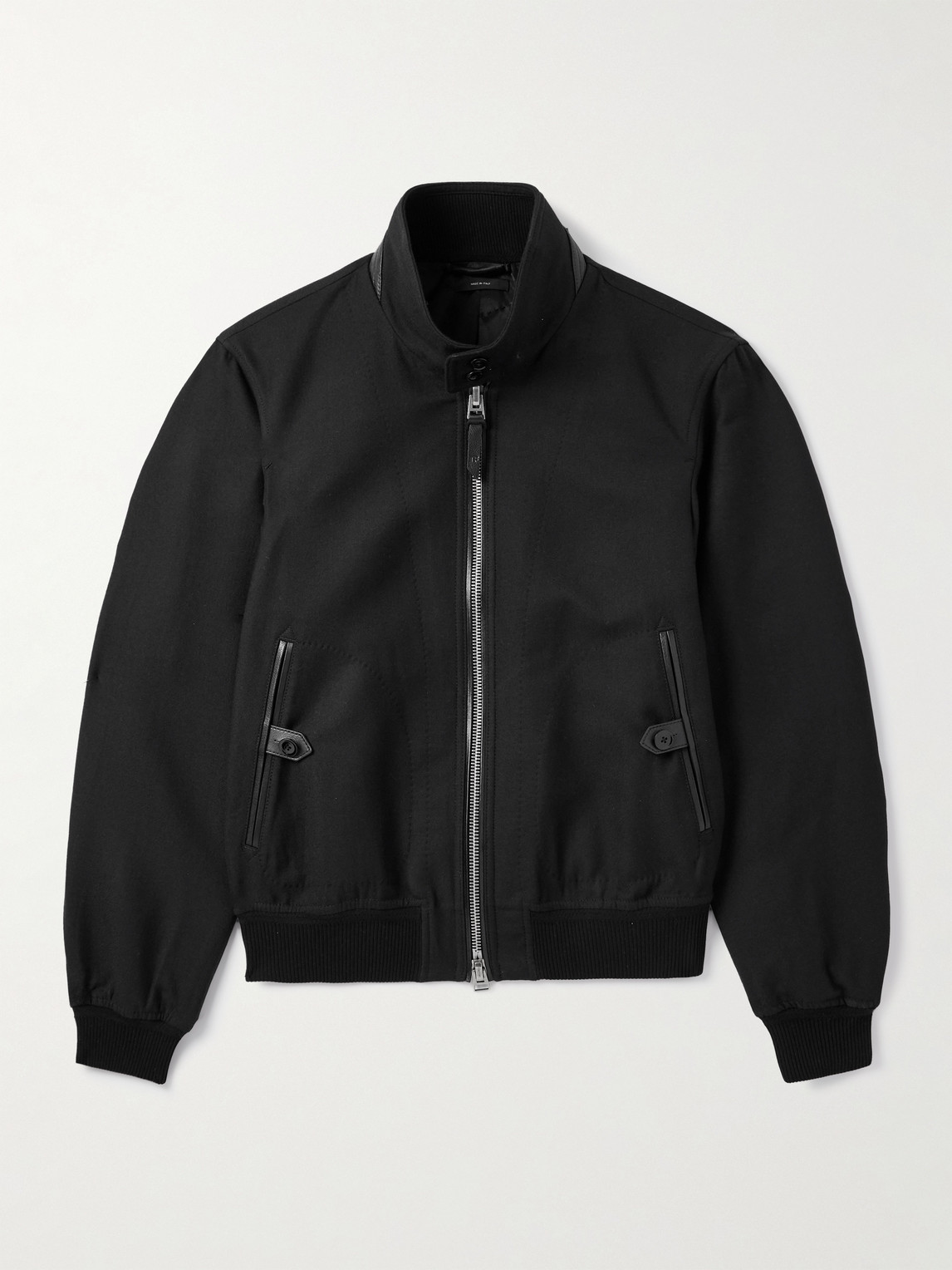 Tom Ford Leather-trimmed Wool And Silk-blend Twill Bomber Jacket In Black