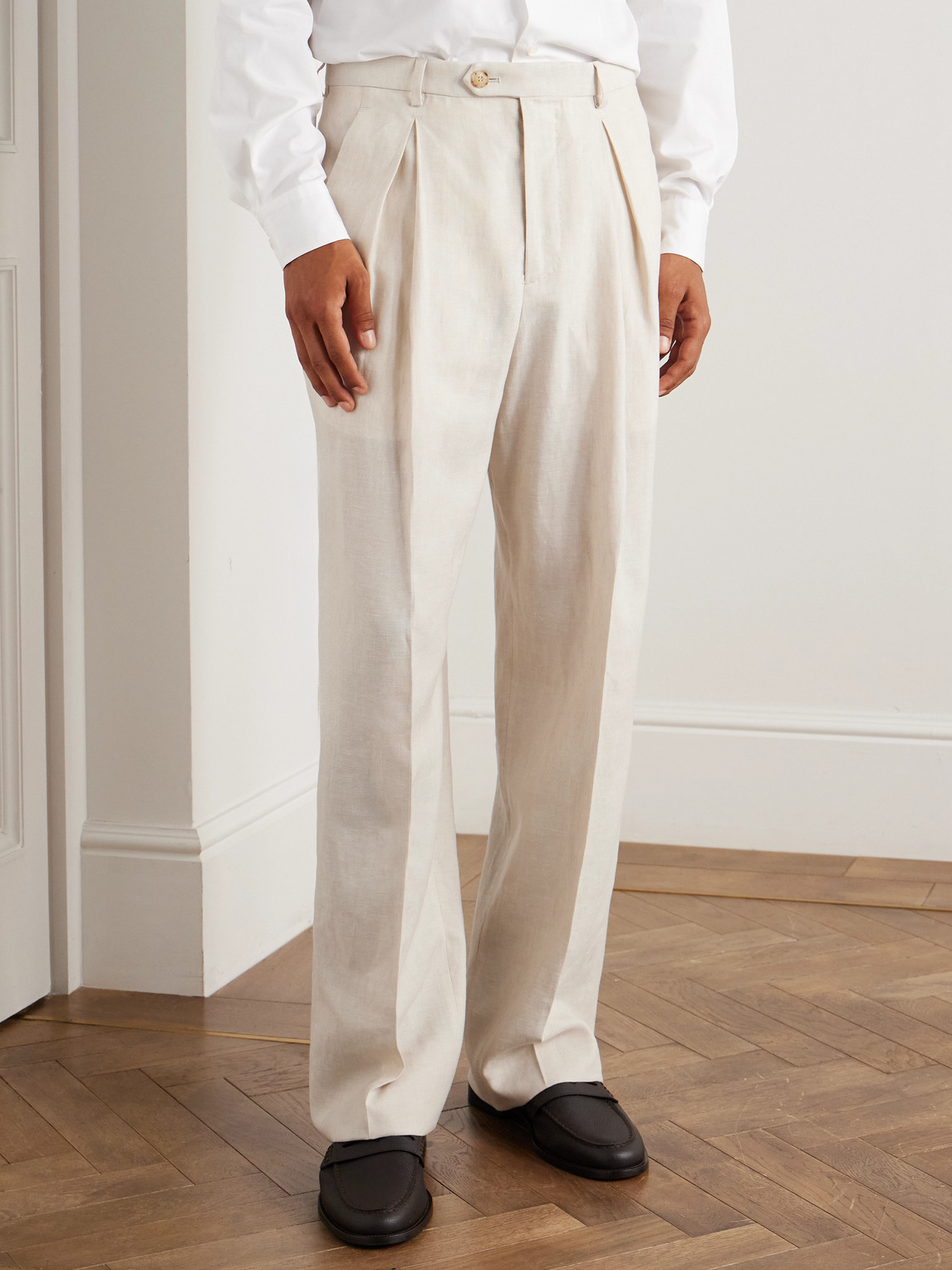 Umit Benan Johnny Straight-leg Pleated Linen And Wool-blend Suit Trousers In White