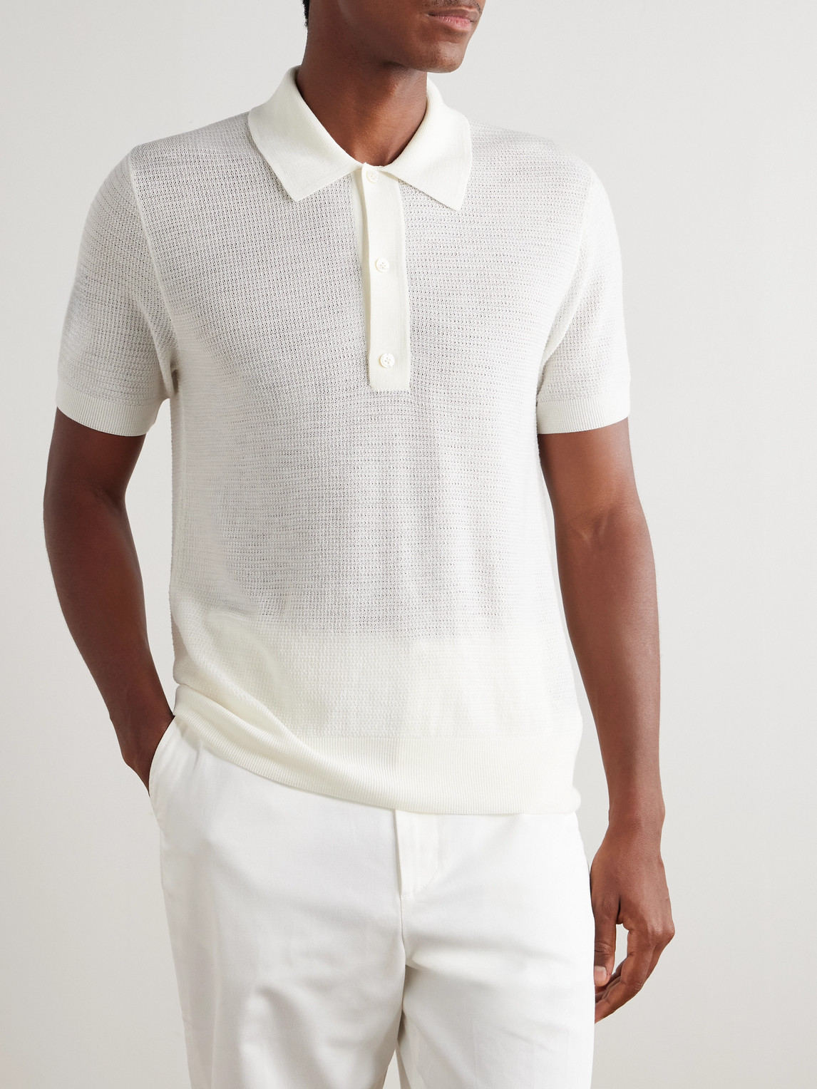 Tom Ford Slim-fit Waffle-knit Wool Polo Shirt In White