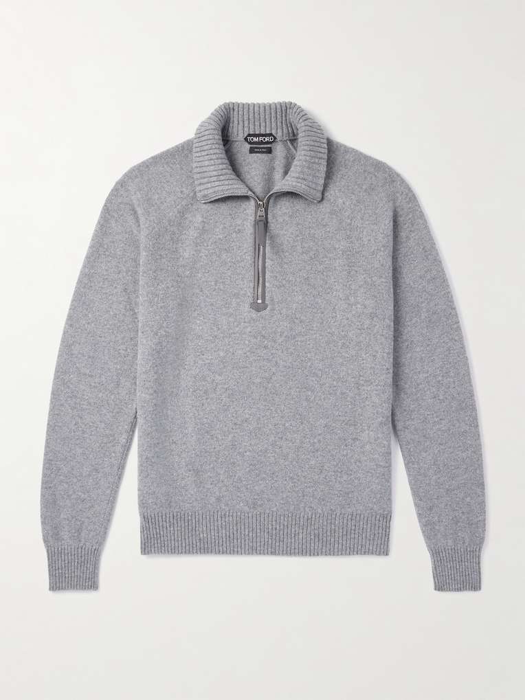 Tom Ford — Leather-Trimmed Wool and Cashmere-Blend Half-Zip Rollneck Sweater