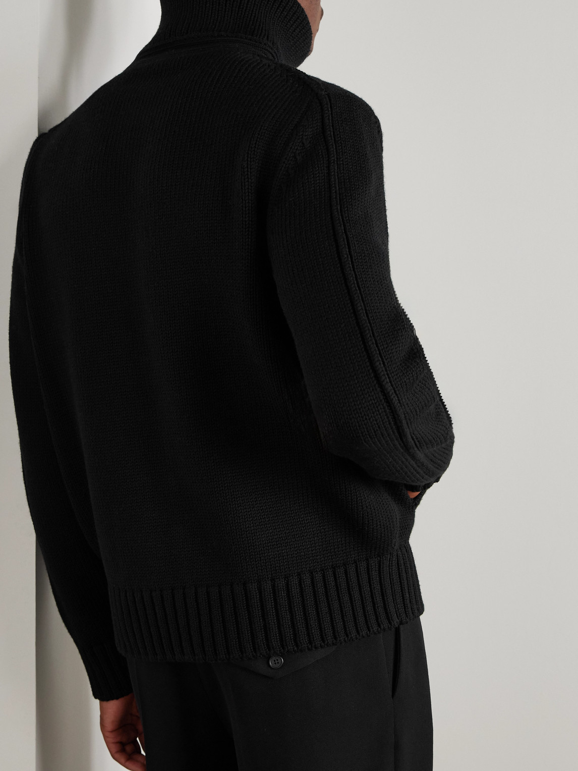 Tom Ford Leather-trimmed Ribbed Merino Wool Bomber Jacket In Black