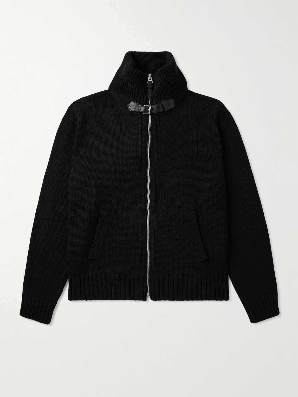 Tom Ford Leather-trimmed Ribbed Merino Wool Bomber Jacket In Black