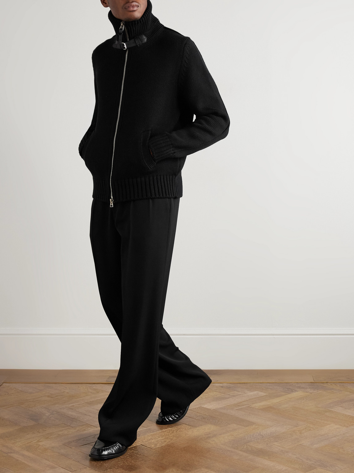 Tom Ford Leather-trimmed Ribbed Merino Wool Bomber Jacket In Black