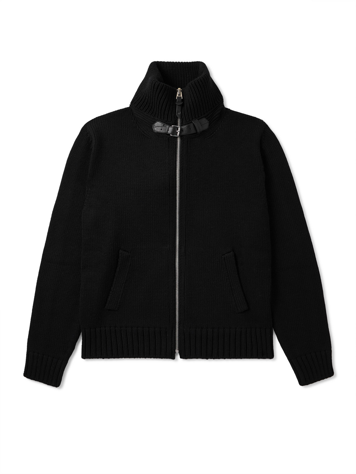 Tom Ford Leather-trimmed Ribbed Merino Wool Bomber Jacket In Black