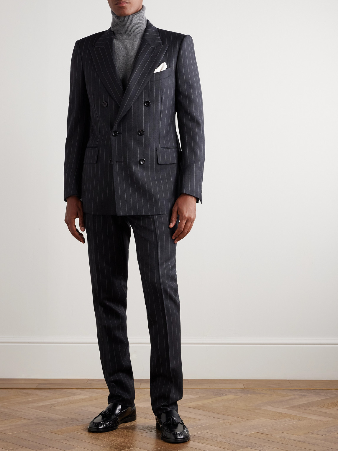 Tom Ford Dyllan Double-breasted Chalk-striped Wool-twill Suit Jacket In Blue