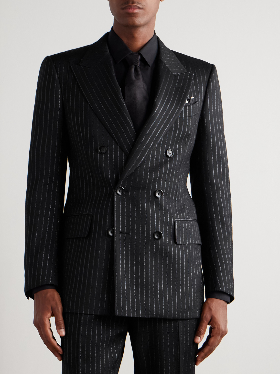 Tom Ford Dyllan Double-breasted Striped Metallic Wool And Silk-blend Suit Jacket In Black