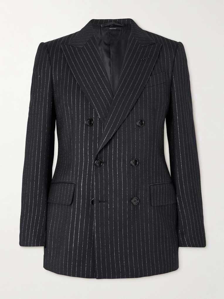 TOM FORD Dyllan Double-Breasted Striped Metallic Wool and Silk-Blend Suit Jacket