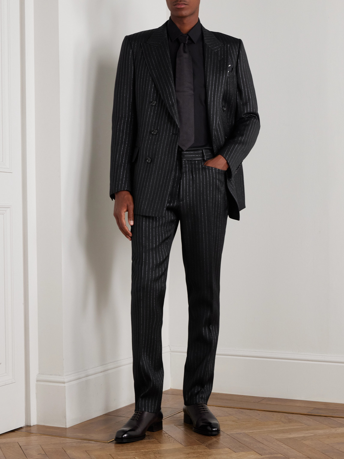 Tom Ford Dyllan Double-breasted Striped Metallic Wool And Silk-blend Suit Jacket In Black