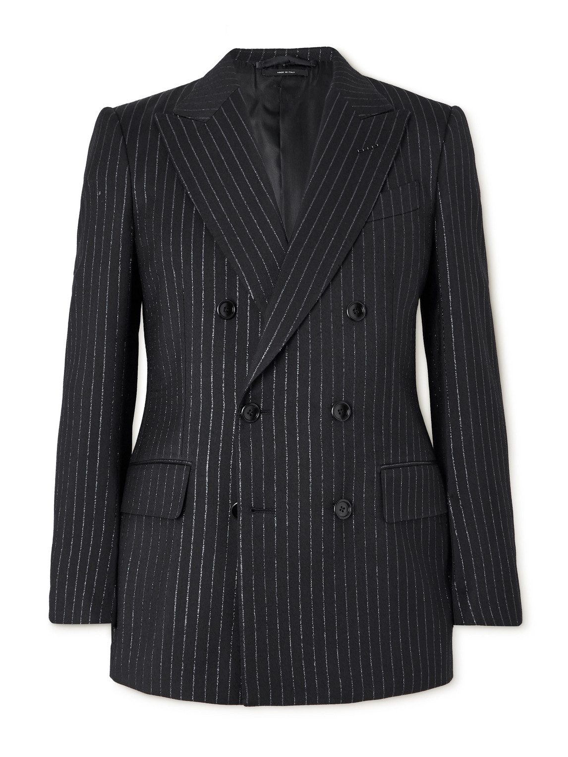 Tom Ford Dyllan Double-breasted Striped Metallic Wool And Silk-blend Suit Jacket In Black