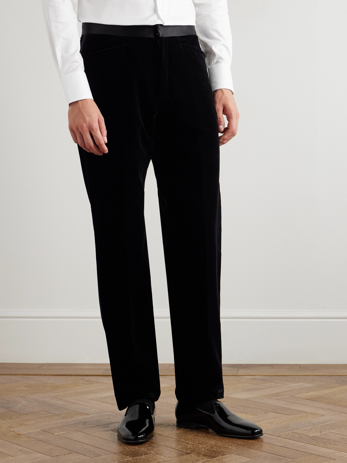 Tom Ford Atticus Straight-leg Satin-trimmed Cotton-velvet Tuxedo Trousers In Black