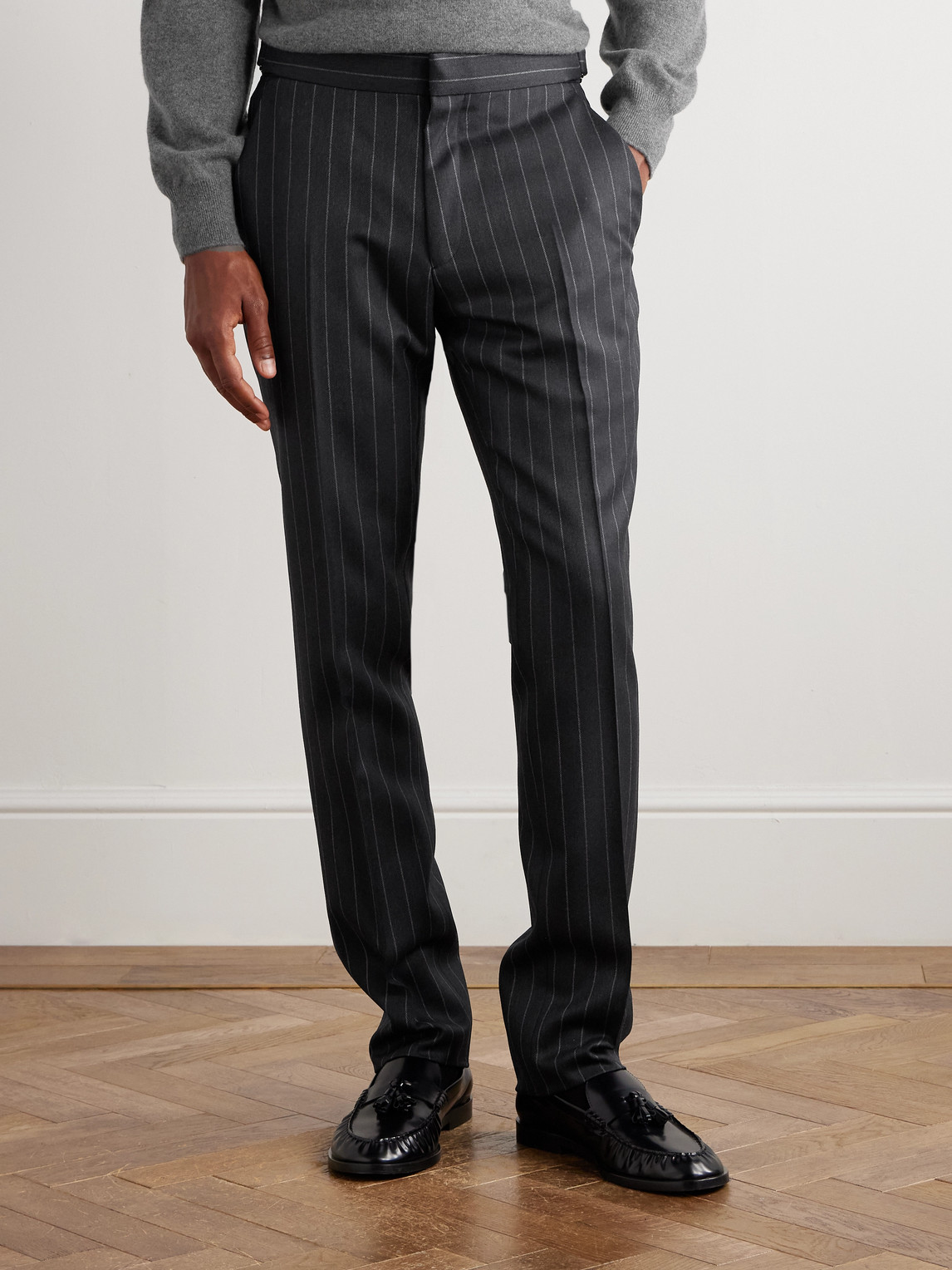 Tom Ford Dyllan Slim-fit Tapered Striped Wool-twill Suit Trousers In Black