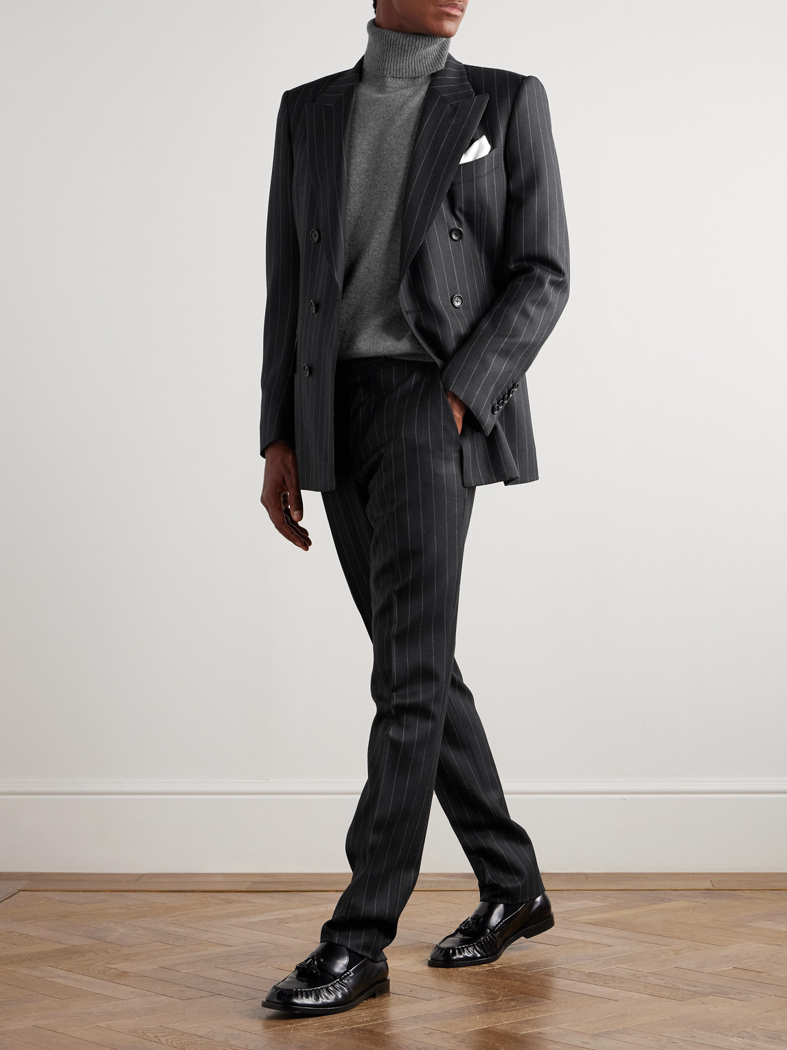 Tom Ford Dyllan Slim-fit Tapered Striped Wool-twill Suit Trousers In Black
