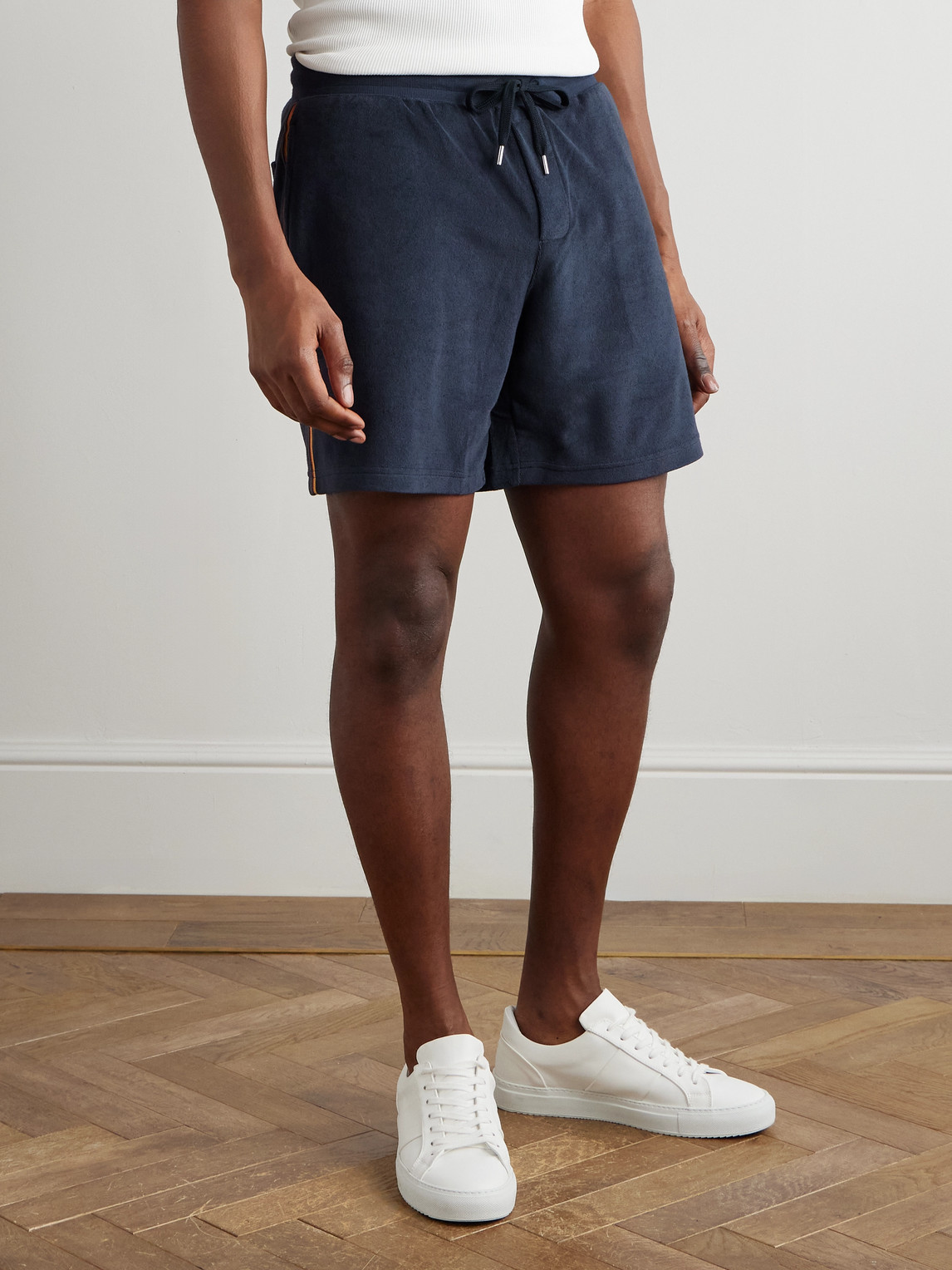 PAUL SMITH STRAIGHT-LEG LOGO-APPLIQUÉD WEBBING-TRIMMED COTTON-BLEND TERRY SHORTS