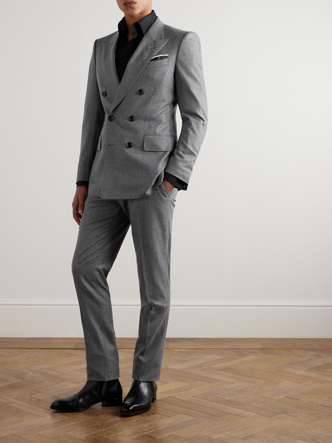 Tom Ford Dyllan Double-breasted Wool-flannel Suit Jacket In Gray