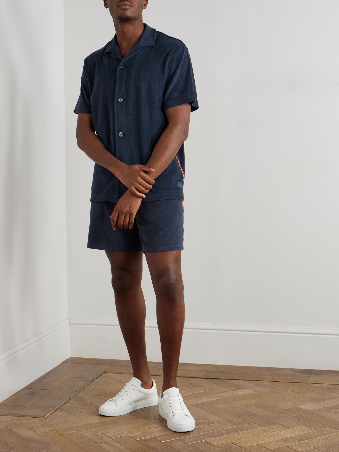 PAUL SMITH CAMP-COLLAR LOGO-APPLIQUÉD COTTON-BLEND TERRY SHIRT
