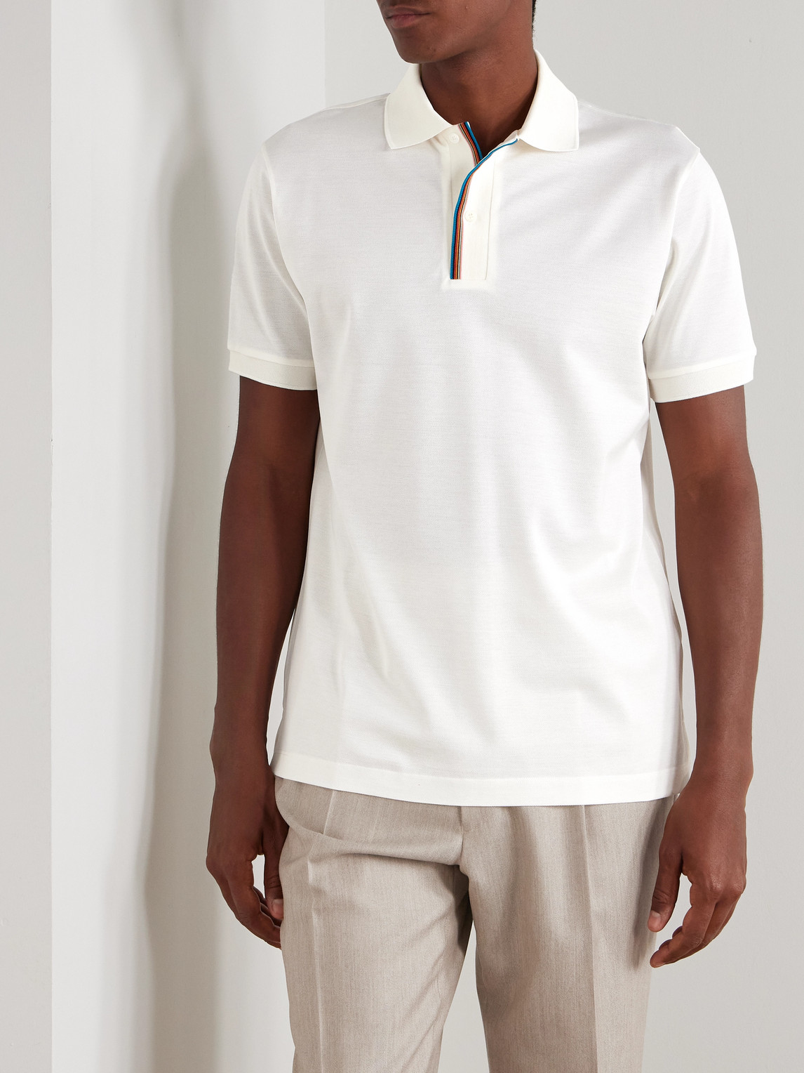 Paul Smith White Cotton Signature Stripe-trim Polo Shirt In White