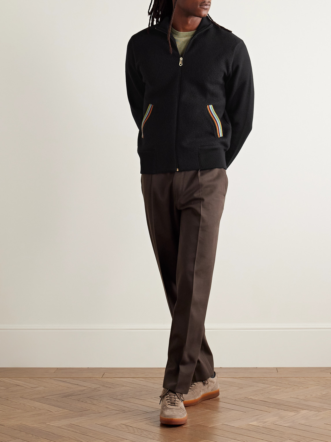 Paul Smith Stripe-trimmed Wool Zip-up Cardigan In Black