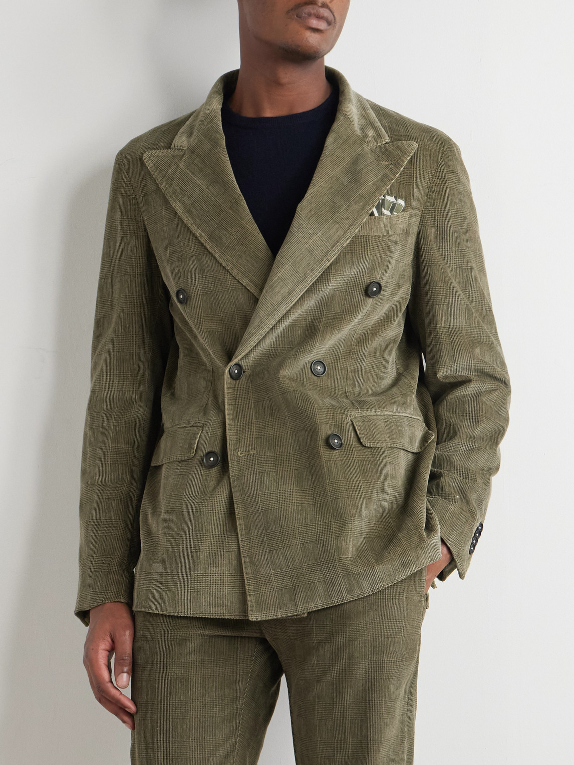 Massimo Alba Monster Double-breasted Prince Of Wales Checked Cotton-blend Corduroy Blazer In Green