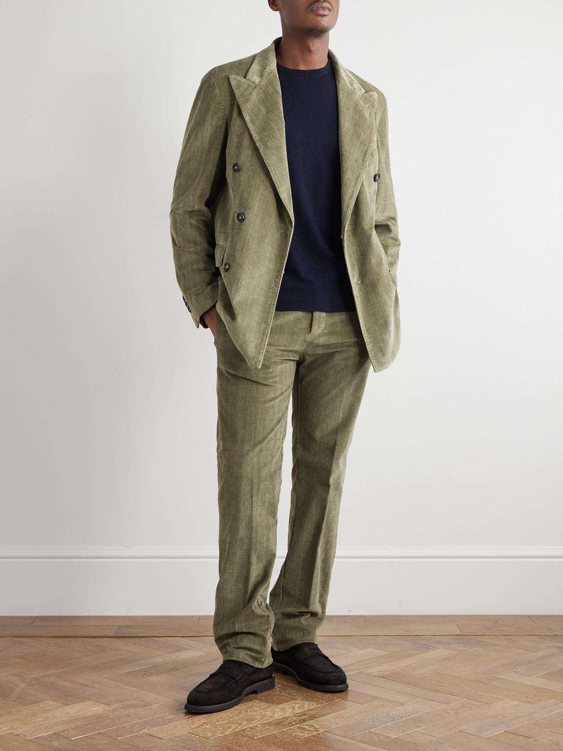 Massimo Alba Monster Double-breasted Prince Of Wales Checked Cotton-blend Corduroy Blazer In Green