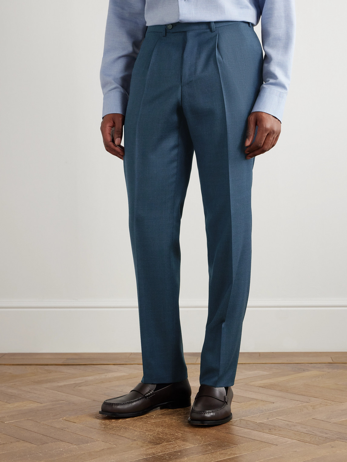 Canali Tapered Pleated Checked Wool Suit Trousers In Blue