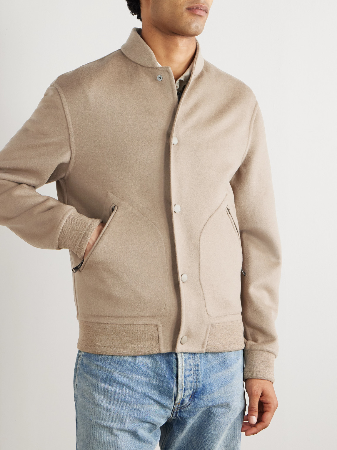 Canali Layered Wool And Cashmere-blend Bomber Jacket In Neutral