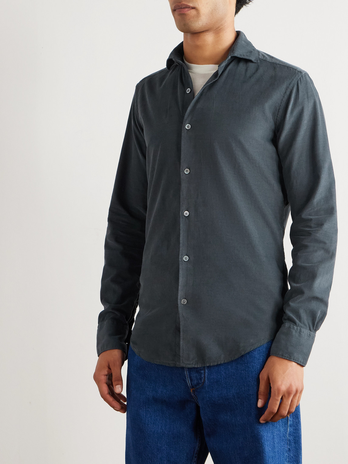 Canali Slim-fit Garment-dyed Cotton-corduroy Shirt In Blue