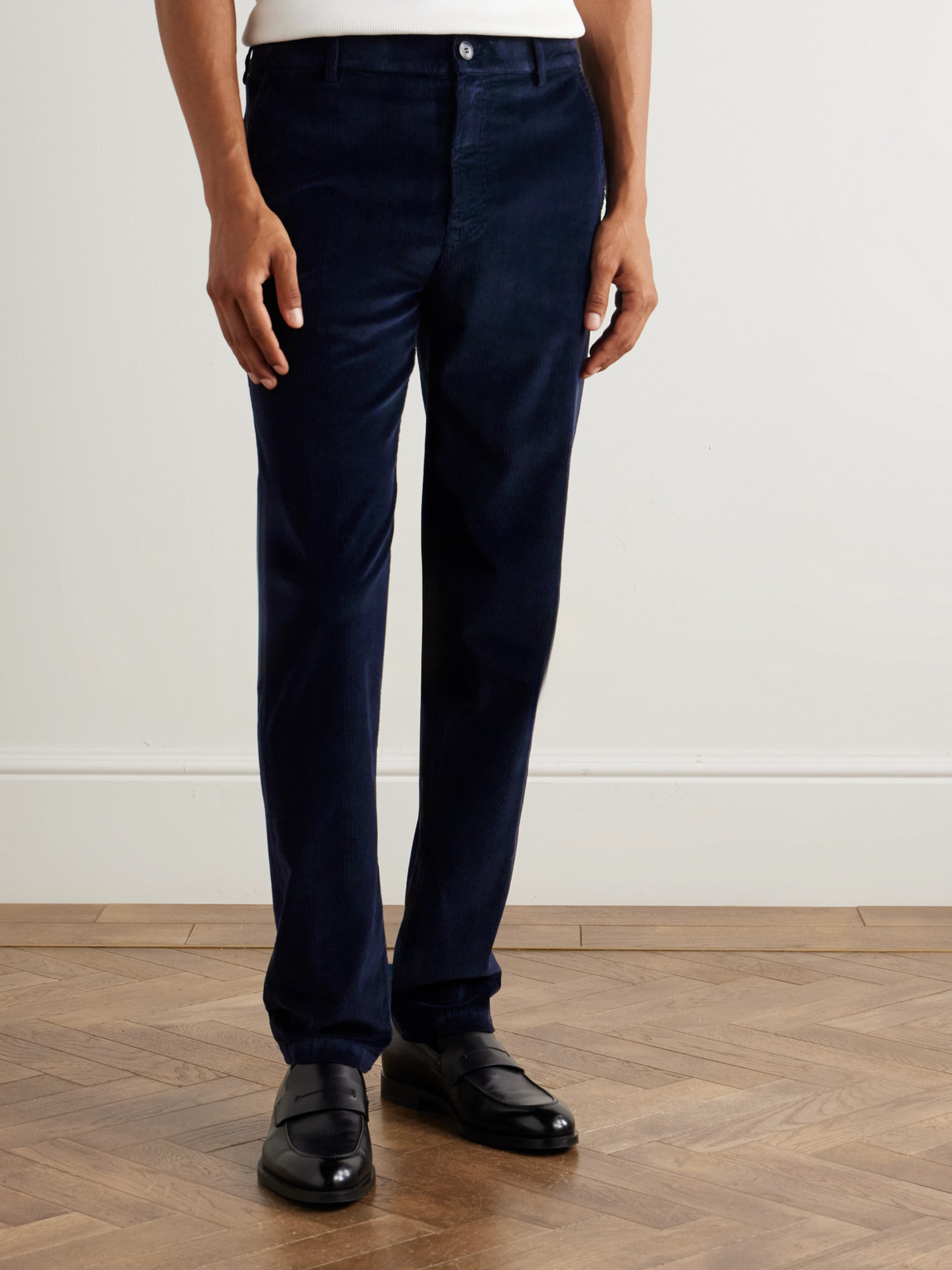 Canali Tapered Garment-dyed Stretch Cotton And Modal-blend Corduroy Trousers In Blue